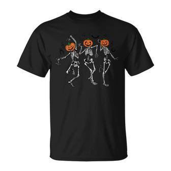 Spooky Dancing Pumpkin Head Skeletons T-Shirt | Mazezy