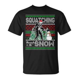 Squatching Through The Snow Bigfoot Ugly Sweater Christmas T-Shirt | Mazezy