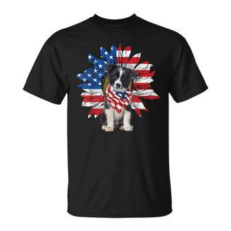 Sunflower American Flag Border Collie 4Th Of July Pratioctic Unisex T-Shirt | Mazezy