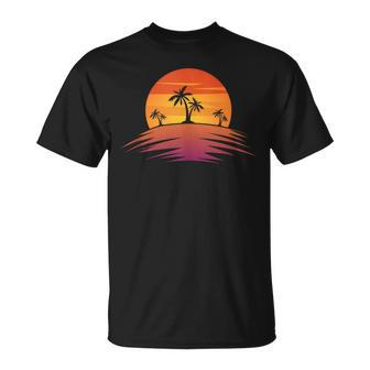Sunset Beach Silhouette Tropical Palm Tree Sunny Lover Gift Unisex T-Shirt | Mazezy