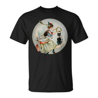 The Black Cat Magazine Vintage Halloween Woman And Cat Halloween Funny Gifts Unisex T-Shirt | Mazezy