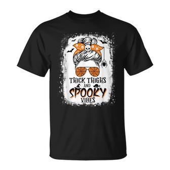 Thick Thighs And Spooky Vibes Halloween Messy Bun Funny Unisex T-Shirt | Mazezy