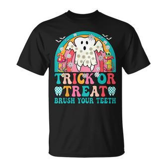 Trick Or Treat Brush Your Th Boo Ghost Halloween Dentist T-Shirt | Mazezy