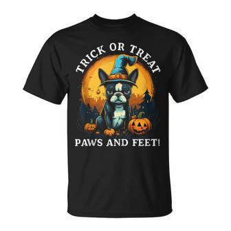 Trick Or Treat Paws And Feet Boston Terrier Halloween Puppy T-Shirt | Mazezy