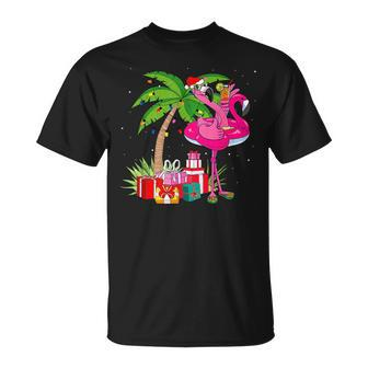 Tropical Pink Flamingo Christmas In July Summer Palm Tree Flamingo Funny Gifts Unisex T-Shirt | Mazezy