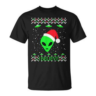 Ugly Christmas Sweater Style I Believe In Aliens T-Shirt - Monsterry