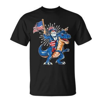 Uncle Sam Riding A Dinosaur 4Th Of July American Flag Unisex T-Shirt | Mazezy