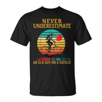 Never Underestimate An Old Guy On A Bicycle Retro Vintage T-Shirt | Mazezy