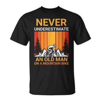 Never Underestimate An Old Man On A Mountain Bike Cycling T-Shirt | Mazezy
