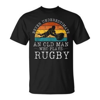 Never Underestimate An Old Man Who Plays Rugby Retro Sunset T-Shirt - Seseable