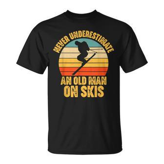 Never Underestimate An Old Man On Skis Skier Skiing T-Shirt | Mazezy