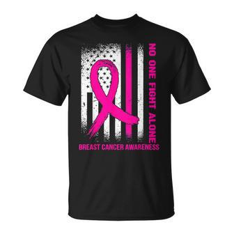 Usa Flag Pink Ribbon No One Fights Breast Cancer Alone T-Shirt - Seseable