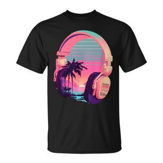 Vaporwave Headphones Music Beach Vibe Lofi Rock Aesthetic Unisex T-Shirt | Mazezy