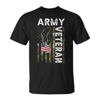 Veteran Vets Us Army Veteran Usa America Camo Flag And Military Dog Tag Veterans Unisex T-Shirt - Monsterry UK