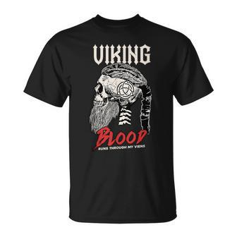 Viking Blood Runs Through My Veins Bearded Warrior Skull T-Shirt - Seseable