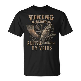 Viking Blood Runs Through My Veins Drinking Horn Crow T-Shirt - Seseable