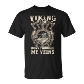 Viking Blood Runs Through My Veins Viking Ship Valknut T-Shirt - Seseable