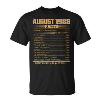 Vintage 30Th Birthday Made In August 1988 Facts Unisex T-Shirt | Mazezy