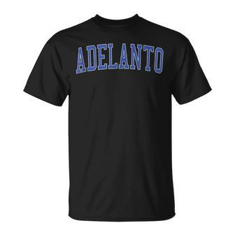 Vintage Adelanto Ca Distressed Blue Varsity Style T-Shirt | Mazezy