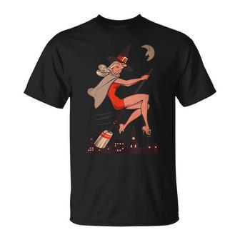 Vintage Bruja Pin Up Girl Witch On Broom Flying Halloween Halloween Funny Gifts Unisex T-Shirt | Mazezy