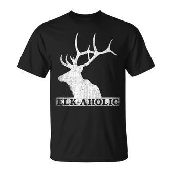 Vintage Elkaholic Funny Elk Hunter Elk-Aholic Distressed Unisex T-Shirt | Mazezy