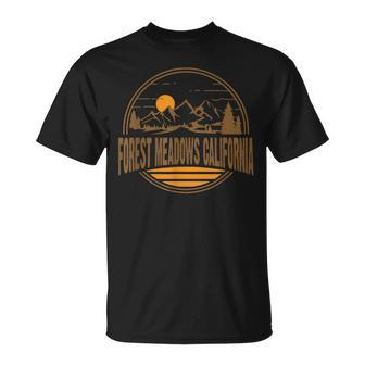 Vintage Forest Meadows California Mountain Hiking Print T-Shirt | Mazezy