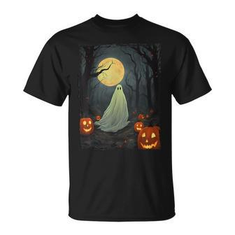 Vintage Ghost In Gothic Forest Full Moon Halloween T-Shirt - Monsterry AU