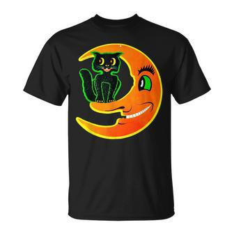 Vintage Halloween Beistle Cat On The Moon Horror Gift Moon Funny Gifts Unisex T-Shirt | Mazezy