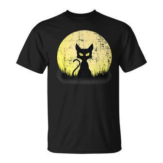 Vintage Halloween Cat T Full Moon Weathered Distressed Moon Funny Gifts Unisex T-Shirt | Mazezy