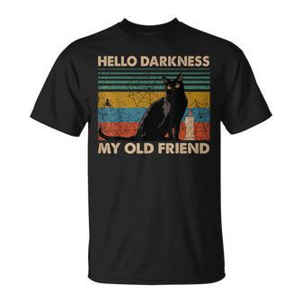 Vintage Hello Darkness My Old Friend Black Cat Halloween Halloween Funny Gifts Unisex T-Shirt | Mazezy