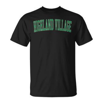 Vintage Highland Village Tx Distressed Green Varsity Style T-Shirt | Mazezy