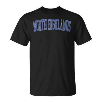 Vintage North Highlands Ca Distressed Blue Varsity Style T-Shirt | Mazezy
