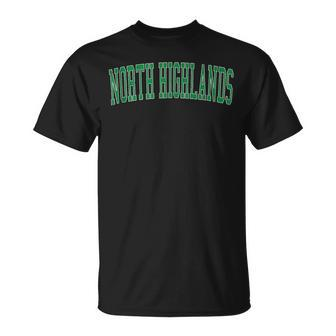 Vintage North Highlands Ca Distressed Green Varsity Style T-Shirt | Mazezy