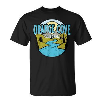 Vintage Orange Cove California River Valley Souvenir Print T-Shirt | Mazezy