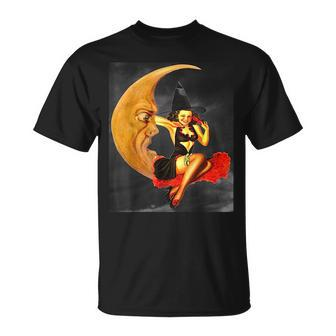 Vintage Pin Up Girl Witch On Moon Halloween Moon Funny Gifts Unisex T-Shirt | Mazezy