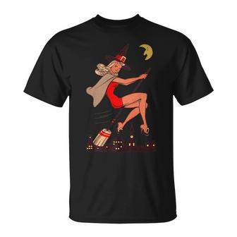 Vintage Pin Up Witch Halloween Pinup Girl Witches Broom Halloween Funny Gifts Unisex T-Shirt | Mazezy