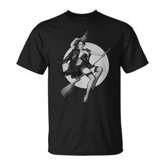 Vintage Pinup Witch On Witches Broom Halloween Pin Up Girl Halloween Funny Gifts Unisex T-Shirt | Mazezy