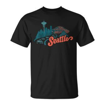 Vintage Retro Seattle Skyline And Nature Landscape T-Shirt - Monsterry AU