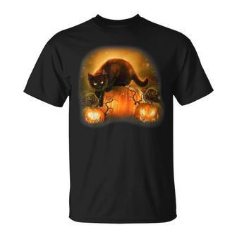 Vintage Scary Halloween Black Cat And Pumpkin Costume Pumpkin Funny Gifts Unisex T-Shirt | Mazezy