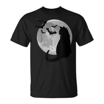 Vintage Scary Halloween Black Cat Costume Bats & Moon Moon Funny Gifts Unisex T-Shirt | Mazezy
