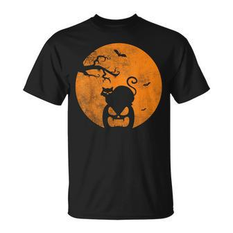 Vintage Scary Halloween Pumpkin Cat Costume Retro Cat Moon T-Shirt - Monsterry CA
