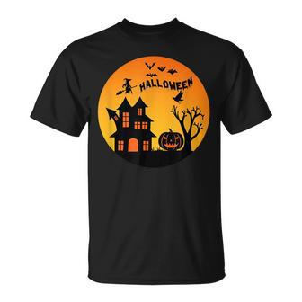 Vintage Spooky House Witch Bats Pumpkin Halloween Costume Pumpkin Funny Gifts Unisex T-Shirt | Mazezy
