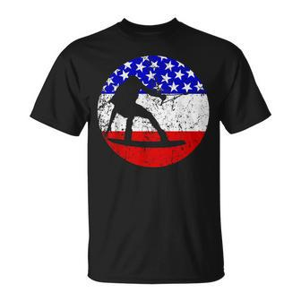 Wakeboarding Retro Wakeboarder American Flag T-Shirt | Mazezy