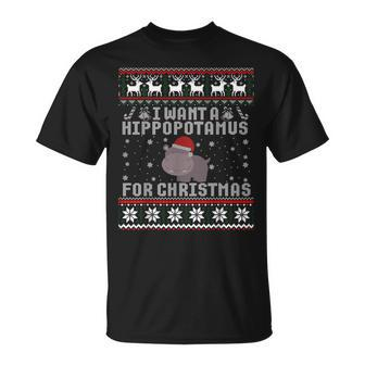 I Want A Hippopotamus For Christmas Hippo Ugly Sweater T-Shirt | Mazezy