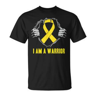 I Am A Warrior Childhood Cancer Awareness Gold Ribbon T-Shirt | Mazezy