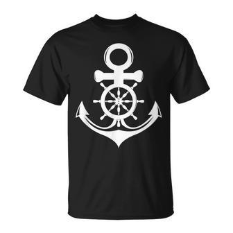 White Anchor And Ship Sring Wheel Sailor Maritime Unisex T-Shirt | Mazezy