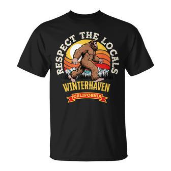 Winterhaven California Respect The Locals Retro Bigfoot T-Shirt | Mazezy
