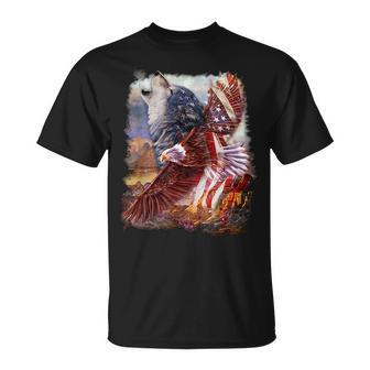 Wolf With Bald Eagle American Flag Unisex T-Shirt | Mazezy