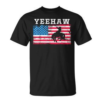 Yeehaw American Flag Bronc Horse Riding Cowboy Cowgirl Gift Unisex T-Shirt | Mazezy