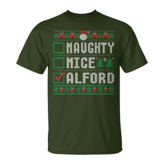Alford Family Name Xmas Naughty Nice Alford Christmas List T-Shirt | Mazezy